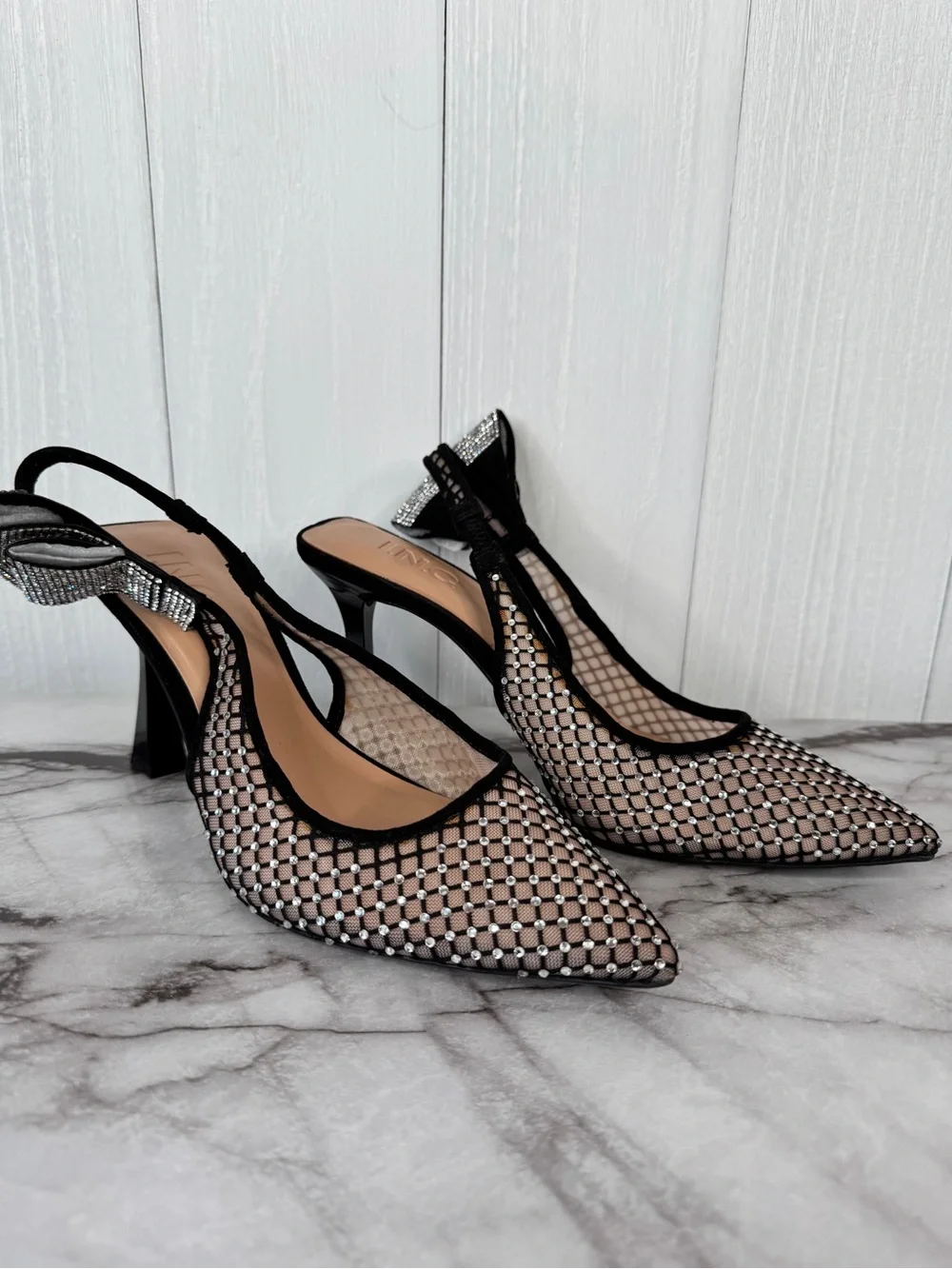 INC International Concepts Black Mesh Rhinestone Slingback Pumps